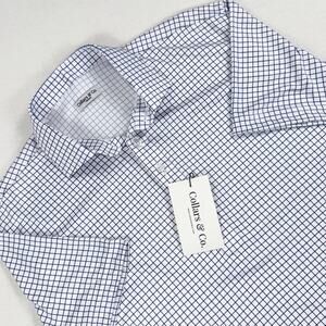 Collars & Co Men's Semi Spread Collar Polo Shirt Medium Thin Blue Check